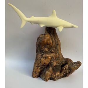 Vintage John Perry 1990 Hammerhead Shark Sculpture On Burlwood Base